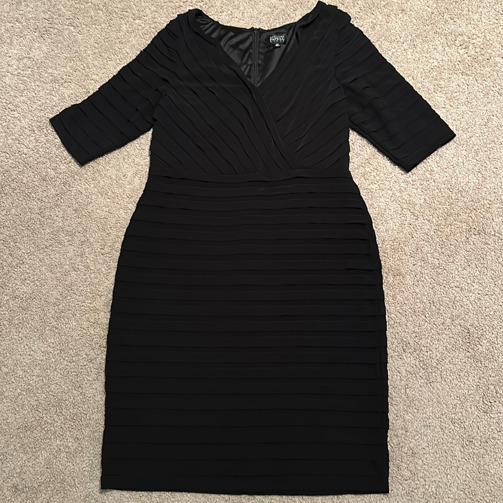 Adrianna Papell Black V-Neck Layered 3/4 Sleeve Cocktail Party Evening Dress
